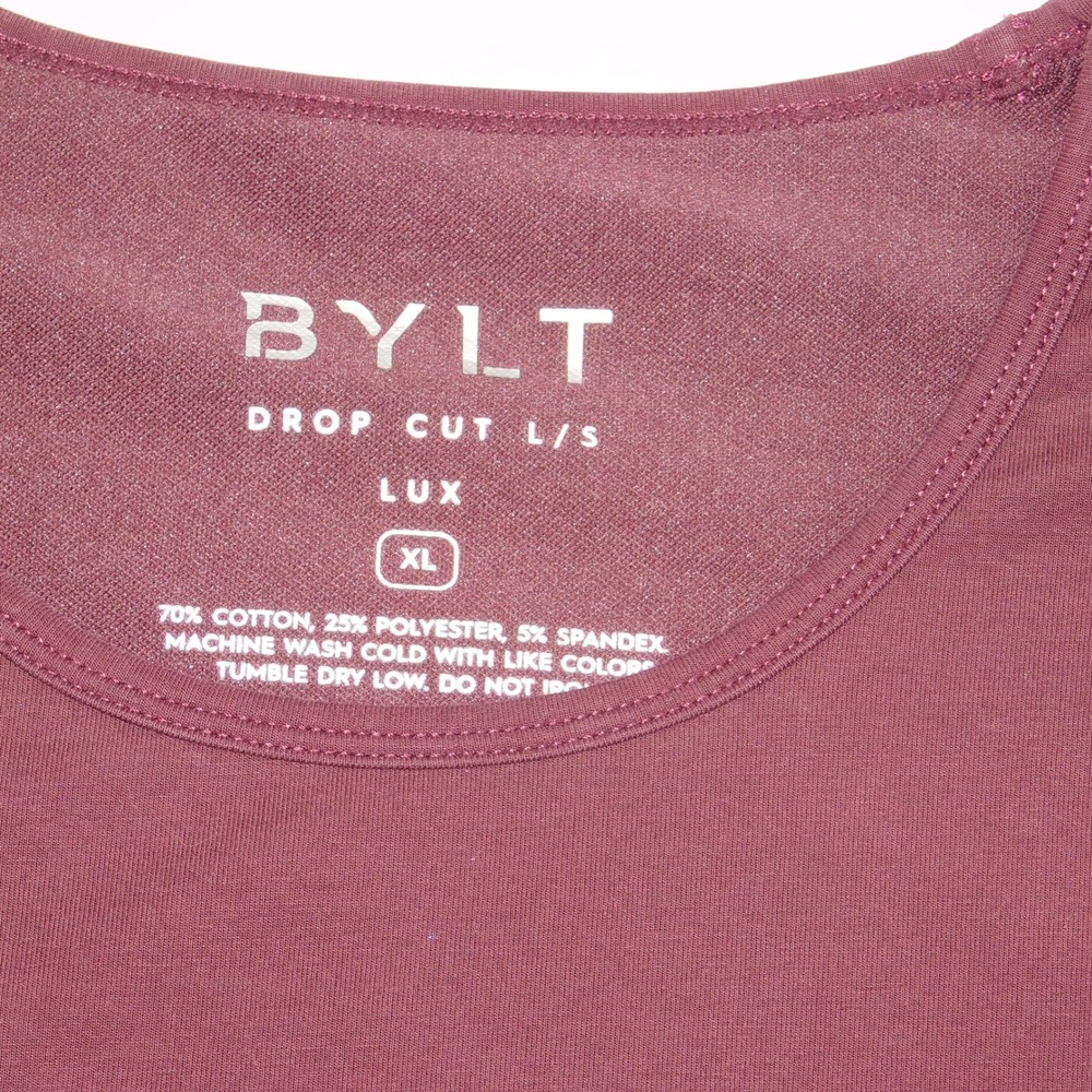 BYLT Drop Cut Lux Long Sleeve Shirt Mens XL Maroon Athletic Curved Hem - Picture 7 of 8